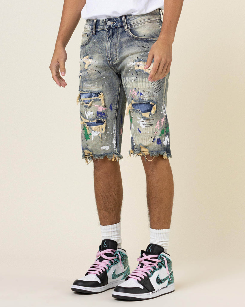 HAND PAINT & LOGO PRINT  RIP&REPAIR DENIM SHORTS