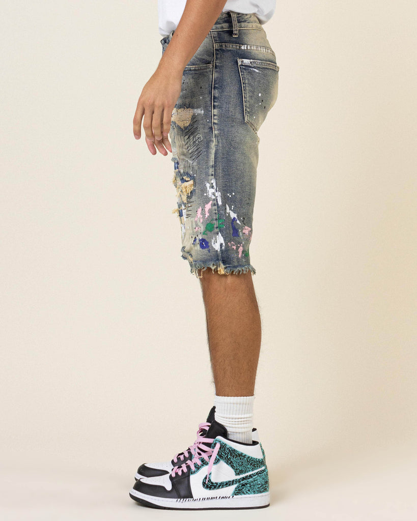 HAND PAINT & LOGO PRINT  RIP&REPAIR DENIM SHORTS