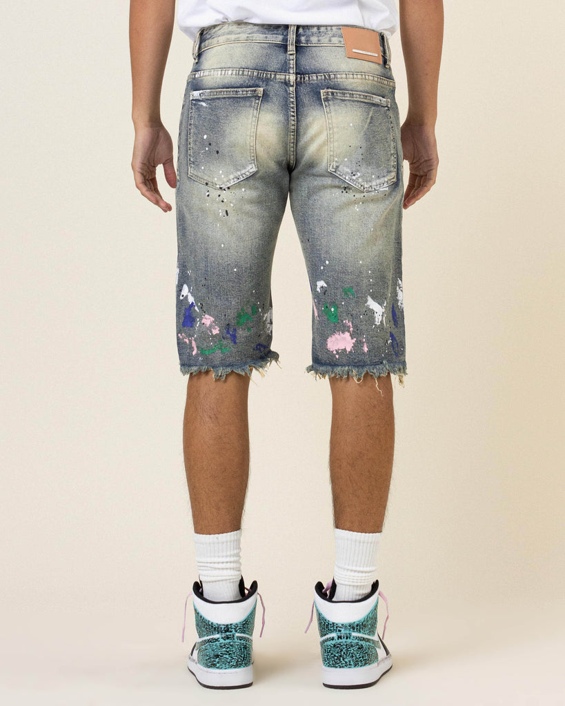 HAND PAINT & LOGO PRINT  RIP&REPAIR DENIM SHORTS