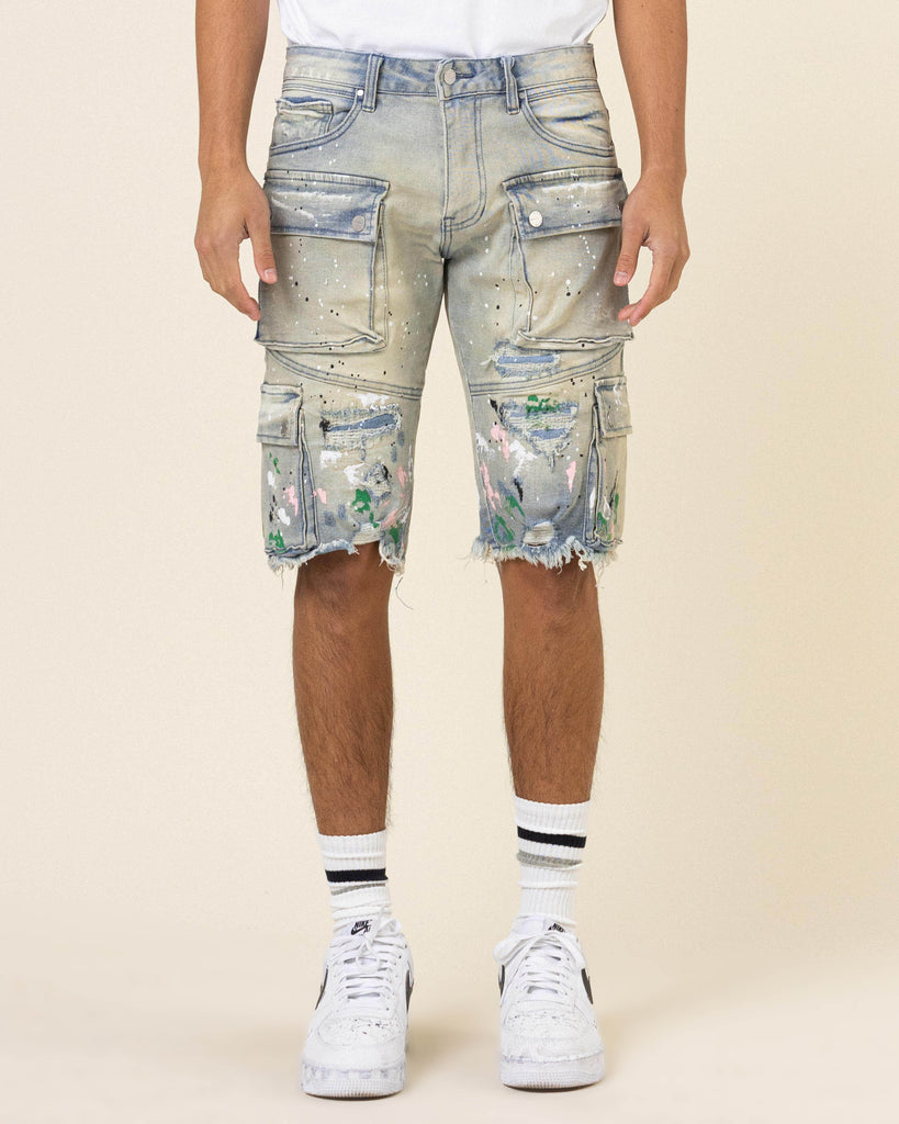 HAND PAINTED MULTI CARGO DENIM SHORTS