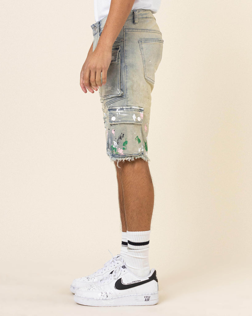 HAND PAINTED MULTI CARGO DENIM SHORTS