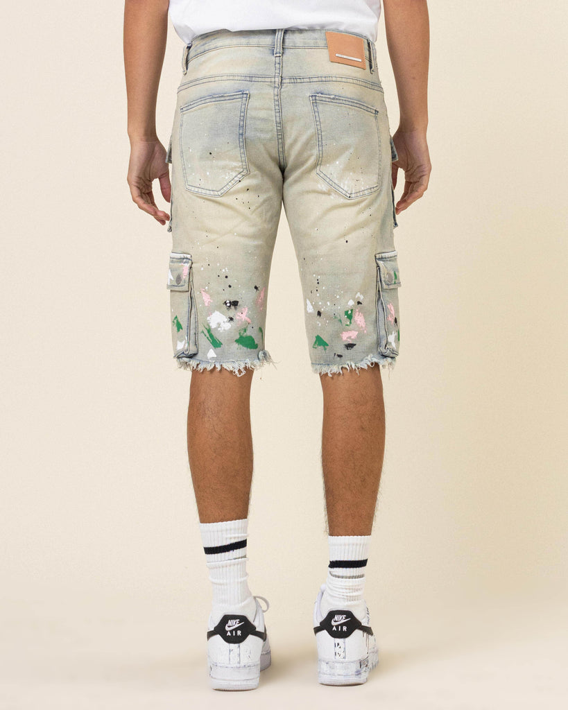 HAND PAINTED MULTI CARGO DENIM SHORTS
