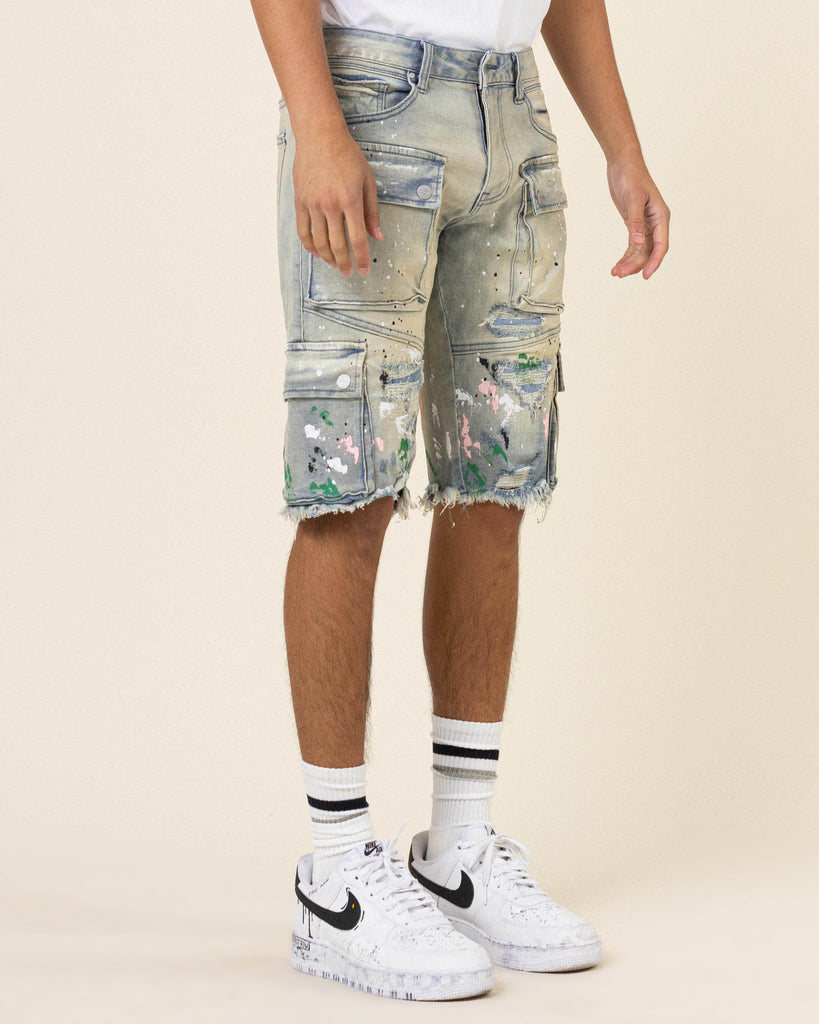 HAND PAINTED MULTI CARGO DENIM SHORTS