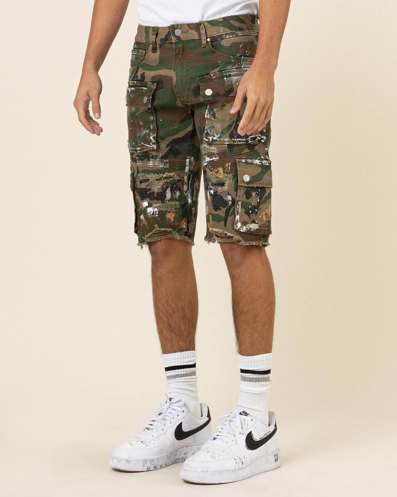 HAND PAINTED MULTI CARGO WOOD CAMO SHORTS