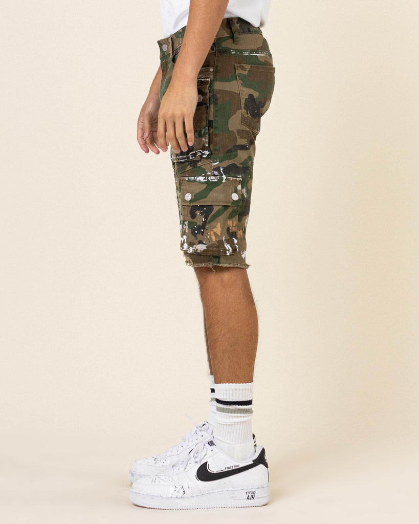 HAND PAINTED MULTI CARGO WOOD CAMO SHORTS