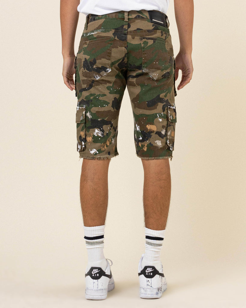 HAND PAINTED MULTI CARGO WOOD CAMO SHORTS