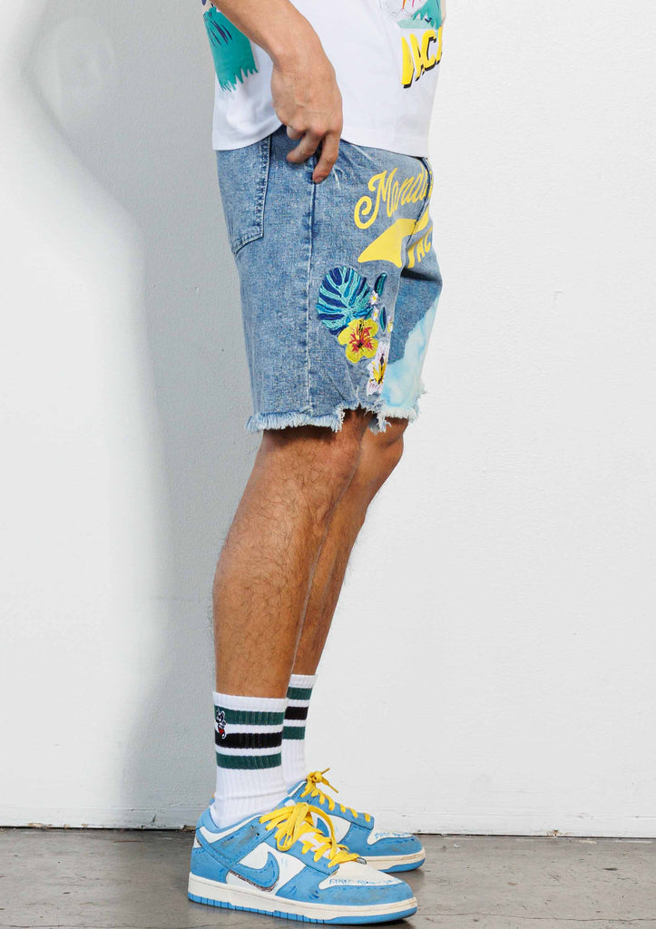 TROPICAL VACATION GRAPHIC  DENIM  SHORTS